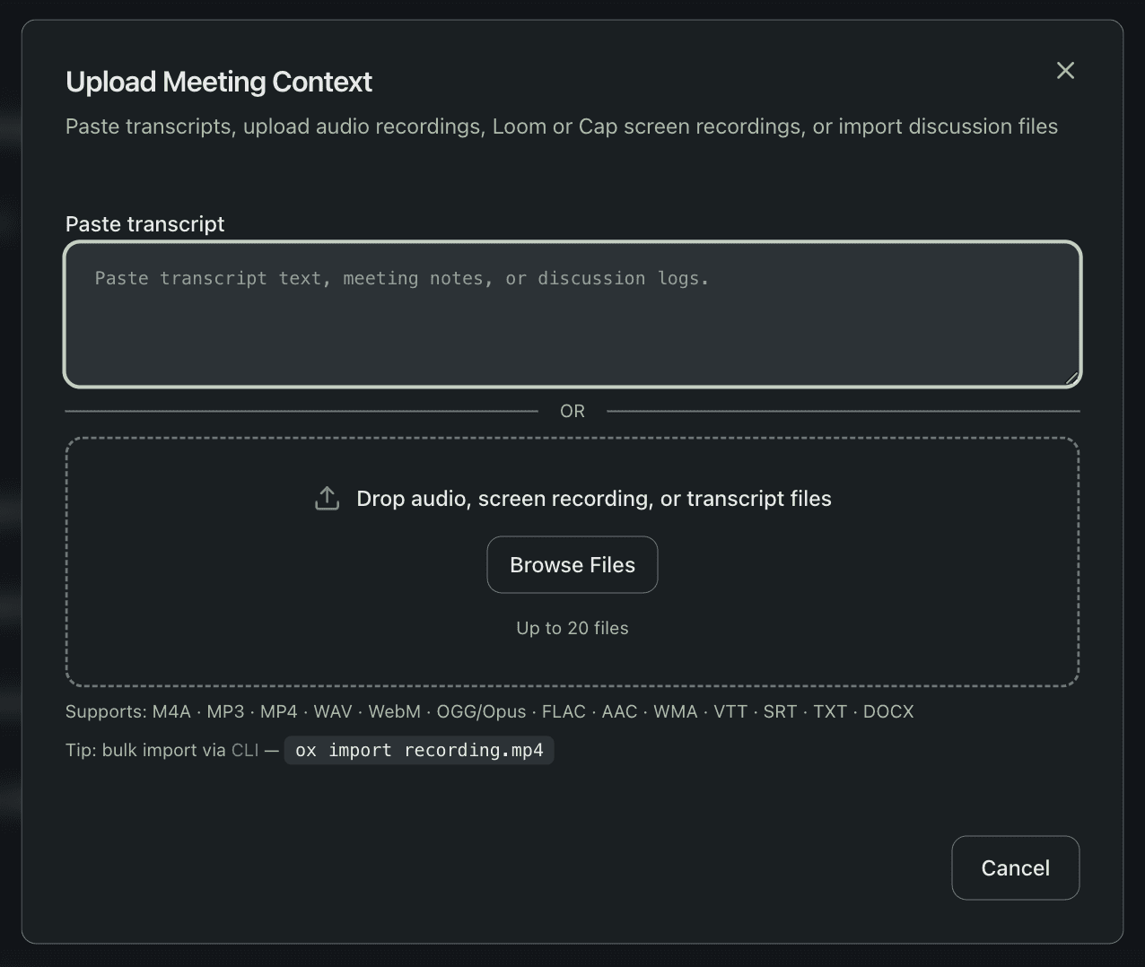 Upload dialog with drag-and-drop area